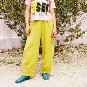 European linen chartreuse straight leg pants